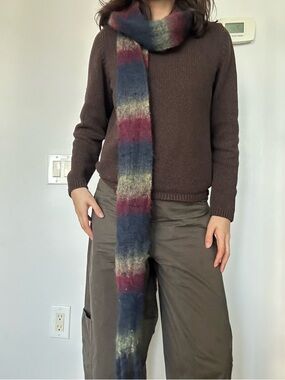 Striped Long Fuzzy Scarf - Blue, Burgundy, Cream